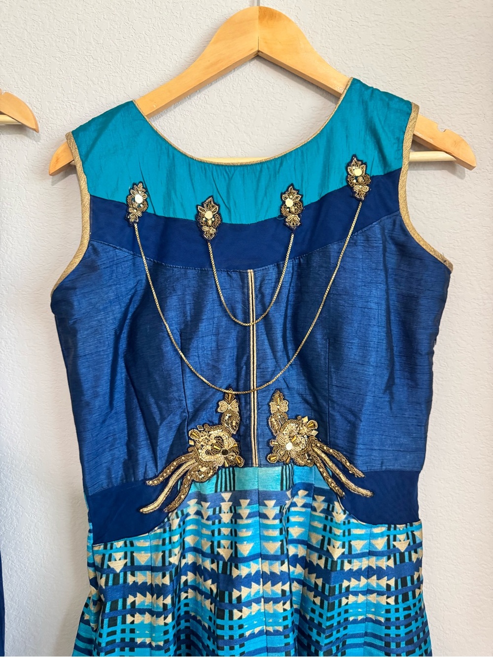 Girls Blue Teal Party Dress with Gold Embellishment